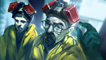 2boys beard ben_lo black_eyes breaking_bad clenched_teeth crystal drugs facial_hair glasses gloves hazmat_suit headgear holding hood hood_down jesse_pinkman limited_palette looking_at_viewer male_focus multiple_boys narrowed_eyes perspective rubber_gloves teeth upper_body walter_white wrinkled_skin