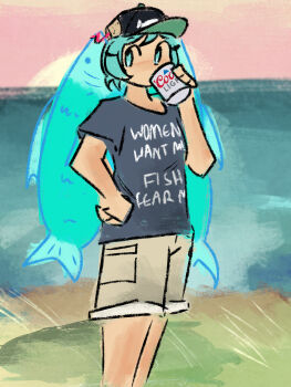 1girl baseball_cap blue_eyes can cargo_shorts commentary drink_can drinking english_commentary grass hand_on_own_hip hat hatsune_miku highres lake looking_to_the_side meme ros-sauce shirt shorts soda_can solo t-shirt twintails vocaloid women_want_me_fish_fear_me_(meme)