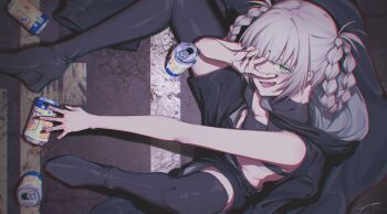 1girl beer_can black_boots black_bra black_jacket black_nails black_shorts blue_eyes blunt_bangs blush boots bra braid braided_hair_rings can drink_can fang hair_rings high_heel_boots high_heels highres jacket jacket_on_shoulders long_hair looking_at_viewer nanakusa_nazuna_(yofukashi_no_uta) open_mouth shorts sidelocks sitting solo thigh_boots underwear v white_hair yo_na yofukashi_no_uta