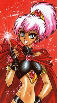 1990s_(style) 1girl armlet black_gloves blue_eyes caldina caldina_(rayearth) cape clamp dark-skinned_female dark_skin earrings female_focus fingerless_gloves gloves hand_on_own_hip high_ponytail hip_focus jewelry lots_of_jewelry magic magic_knight_rayearth midriff navel official_art pink_hair ponytail retro_artstyle scan short_hair smile solo