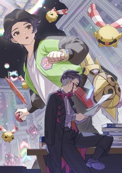 2boys 2girls amakara000 black-framed_eyewear black_hair black_hat black_jacket black_pants black_socks book book_stack chingling collared_shirt corbeau_(pokemon) desk eyewear_strap gen_4_pokemon glasses green_jacket hat highres holding holding_paper holding_poke_ball jacket long_sleeves male_focus mega_ring mega_stone multiple_boys multiple_girls necktie nintendo open_clothes open_jacket open_mouth pants paper parted_hair parted_lips paxton_(pokemon) poke_ball poke_ball_(basic) pokemon pokemon_(creature) pokemon_legends:_z-a purple_hair purple_shirt rotom rotom_phone round_eyewear shirt shoes short_hair short_sideburns sideburns sitting socks sword undercut weapon white_necktie white_shirt