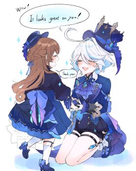 2girls ahoge ascot blue_ascot blue_dress blue_gemstone blue_hair blue_hat blue_jacket bow brown_hair cowlick dress drop-shaped_pupils eyelash_ornament furina_(genshin_impact) gem genshin_impact gloves hair_between_eyes hair_bow hat highres jacket long_hair long_sleeves multicolored_hair multiple_girls open_mouth ouji_fashion shinoo0915 smile streaked_hair symbol-shaped_pupils top_hat white_hair