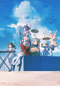 4girls :d absurdres after-school_sweets_club_(blue_archive) ahoge airi_(band)_(blue_archive) airi_(blue_archive) animal animal_ears arms_up artist_name band_(music) bass_guitar bird black_choker black_hair black_shoes black_skirt blonde_hair blue_archive blue_jacket blue_sky cat_ears cat_girl chair choker closed_eyes clothes_writing commentary_request day drum drum_set drumsticks flock from_side green_eyes green_halo hair_ornament hair_ribbon halo highres holding holding_bass_guitar holding_drumsticks holding_instrument instrument jacket kazusa_(band)_(blue_archive) kazusa_(blue_archive) keyboard_(instrument) long_hair long_sleeves multiple_girls natsu_(band)_(blue_archive) natsu_(blue_archive) off_shoulder on_chair open_clothes open_jacket open_mouth outdoors pink_hair pink_halo playing_instrument print_shirt red_jacket red_ribbon red_skirt ribbon shirt shoes short_hair short_sleeves sitting skirt sky smile socks standing white_shirt white_socks yellow_halo yellow_jacket yoshimi_(band)_(blue_archive) yoshimi_(blue_archive) yu-y_(824412)