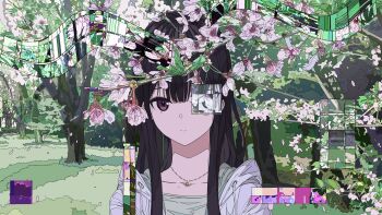 1girl abstract absurdres black_hair blunt_bangs christmas_tree closed_mouth falling_petals film_strip flower forest glitch grass highres hood hoodie jewelry light_smile long_bangs long_hair looking_at_viewer nature necklace ninuru one_eye_covered original outdoors petals portrait purple_eyes solo white_hoodie