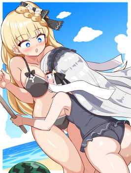2girls ass bikini black_bikini blonde_hair blue_eyes breasts commentary_request commission cougar_(cougar1404) large_breasts long_hair mahou_shoujo_no_majo_saiban multiple_girls natsume_an-an open_mouth purple_eyes saeki_miria skeb_commission swimsuit white_hair