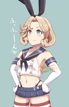 Rule 34 | 1girl, akai akasaki, black hairband, black neckerchief, black panties, blonde hair, blue background, blue eyes, blue sailor collar, blue skirt, commentary request, cosplay, cowboy shot, crop top, elbow gloves, gloves, hairband, hands on own hips, highleg, highleg panties, highres, janus (kancolle), kantai collection, microskirt, miniskirt, navel, neckerchief, panties, pleated skirt, sailor collar, shimakaze (kancolle), shimakaze (kancolle) (cosplay), shirt, short hair, skirt, sleeveless, sleeveless shirt, smile, smug, solo, striped clothes, striped thighhighs, thighhighs, underwear, white gloves