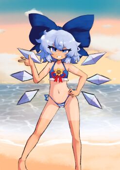 1girl beach bikini blue_bikini blue_bow blue_eyes blue_hair bow cirno commentary english_commentary fairy feet_out_of_frame flat_chest flower flower_on_chest grin hair_bow hand_on_own_hip highres ice ice_wings iesonatana looking_at_viewer navel ocean short_hair side-tie_bikini_bottom sky smile solo standing sunflower sunset swimsuit tan tanline tanned_cirno touhou v water wings