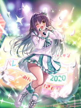 1girl 2020 absurdres akabane_(zebrasmise) black_hair bow bowtie concert copyright_notice feathers flower hair_between_eyes hair_flower hair_ornament highres holding holding_microphone idol_clothes light_particles long_hair microphone official_art one_eye_closed open_mouth pecteilis screen shirt shoes skirt smile socks solo sparkle stage_lights striped_bow striped_bowtie striped_clothes striped_skirt white_feathers white_shirt white_shoes white_socks yellow_eyes z/x