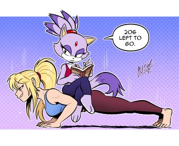 2girls absurdres animal_ears animal_nose artist_name barefoot blaze_the_cat blonde_hair book brandon_santiago cat_ears cat_girl cat_tail commentary commission crossover english_commentary english_text exercising eyelashes feet forehead_jewel furry furry_female gloves highres long_hair metroid multiple_girls nintendo no_shoes ponytail purple_fur push-ups samus_aran smile sonic_(series) speech_bubble tail tank_top toes topknot white_gloves