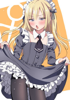 1boy black_pantyhose blonde_hair bow bulge buttons chestnut_mouth clothes_lift cowboy_shot crossdressing crossdressing_(mtf) detached_collar dress dress_lift hair_bow heart_button highres juliet_sleeves kohaku_(riku) lifting_own_clothes long_sleeves maid maid_headdress open_mouth orange_background original pantyhose petticoat puffy_sleeves riku_(melty_drop) solo trap two_side_up