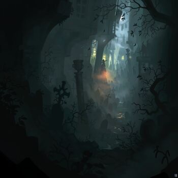 artist_logo bare_tree building city city_lights dark fantasy fog foliage highres lantern logo nature night no_humans original outdoors plant rock ruins scenery sculpture tombstone tree waltjan wide_shot window_light