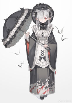 Rule 34 | 1girl, absurdres, apron, black nails, braid, full body, gothic lolita, grey hair, hair over one eye, hair ribbon, highres, holding, holding umbrella, japanese clothes, lolita fashion, looking at viewer, maid, original, pointy ears, red eyes, ribbon, solo, umbrella, vampire, wa maid, watermark, weibo username, weibo watermark, zhangyu guagua