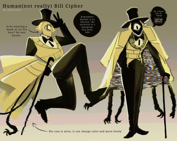 Rule 34 | 1other, bill cipher, black skin, cane, colored skin, commentary, distortion, english commentary, english text, extra arms, eye mask, eye print, full body, gravity falls, hand up, hat, highres, holding, holding cane, jacket, jacket on shoulders, jumping, mask, n0cturnalcm, one-eyed, other focus, personification, slit pupils, solo, source quote, speech bubble, top hat, yellow jacket