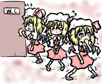 3girls @_@ bad_id bad_pixiv_id bathroom clone female_focus flandre_scarlet frenchrice have_to_pee multiple_girls multiple_persona queue shizuri tears touhou wings
