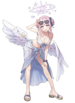 Rule 34 | 1girl, absurdres, adjusting eyewear, angel wings, bikini, blue archive, double bun, eyewear on head, feathered wings, frilled bikini, frills, full body, hair bun, halo, hand on eyewear, hand on own knee, highres, leaning forward, low wings, mika (blue archive), mika (swimsuit) (blue archive), nano (nandemo note31), pink halo, sarong, scrunchie, solo, swimsuit, white background, white bikini, white wings, wing ornament, wings, wrist scrunchie