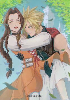 1boy 1girl aerith_gainsborough aerith_gainsborough_(garnet's_gown) aqua_eyes arms_around_neck black_choker black_gloves black_vest blonde_hair blue_bow bow braid braided_ponytail brown_hair carrying choker closed_eyes closed_mouth cloud_strife cloud_strife_(zidane's_outfit) commentary cosplay couple dress earrings english_commentary falling_leaves final_fantasy final_fantasy_vii final_fantasy_vii:_ever_crisis garnet_til_alexandros_xvii garnet_til_alexandros_xvii_(cosplay) gloves hair_bow hetero highres jewelry leaf lida_(lidalida04) long_dress long_hair official_alternate_costume open_mouth orange_dress parted_bangs princess_carry red_gloves short_hair sidelocks single_braid single_earring smile spiked_hair stud_earrings twintails two-tone_dress vest white_dress zidane_tribal zidane_tribal_(cosplay)