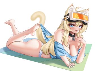 Rule 34 | ahoge, animal ear fluff, animal ears, ass, bare shoulders, barefoot, bell, blonde hair, blue eyes, breasts, carpet, cat ears, cat fantasy, cat girl, cat tail, cleavage, collar, full body, head-mounted display, highres, large breasts, long hair, lulu (cat fantasy), open mouth, panties, shirt, simple background, t-shirt, tail, takie arts, underwear, very long hair, white background