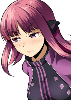 1girl blunt_bangs breasts commentary crying crying_with_eyes_open green_eyes headphones highres huyumitsu katori_squad&#039;s_uniform katori_youko large_breasts long_hair looking_to_the_side red_hair simple_background solo tears turtleneck upper_body white_background world_trigger