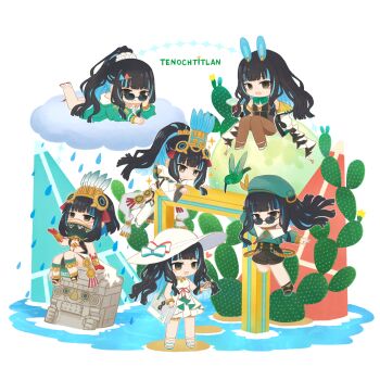 animal_ears beret black_hair black_shorts blue_hair bracelet brown_pantyhose cactus character_name chibi colored_inner_hair facial_mark fate/grand_order fate_(series) full_moon green_jacket hat headdress highres hmr_alter7 jacket jewelry long_hair moon multicolored_hair on_cloud pantyhose ponytail rabbit_ears rain shorts smile sun_hat sunglasses tenochtitlan_(fate) tenochtitlan_(first_ascension)_(fate) tenochtitlan_(second_ascension)_(fate) tenochtitlan_(swimsuit_mooncancer)_(fate) tenochtitlan_(swimsuit_mooncancer)_(first_ascension)_(fate) tenochtitlan_(swimsuit_mooncancer)_(second_ascension)_(fate) tenochtitlan_(swimsuit_mooncancer)_(third_ascension)_(fate) tenochtitlan_(third_ascension)_(fate)