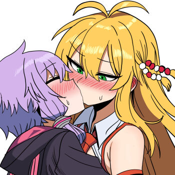 2girls absurdres black_hoodie blonde_hair blush collared_shirt commentary ear_blush green_eyes highres hmzeus hood hoodie kiss multiple_girls necktie purple_hair red_necktie shirt simple_background sweat tsurumaki_maki twintails vocaloid voiceroid white_background white_shirt yuri yuzuki_yukari