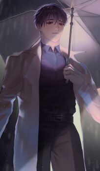 Rule 34 | 1boy, belt, black hair, black shirt, coat, collared shirt, expressionless, hashtag-only commentary, highres, holding, holding umbrella, kim dokja, looking at viewer, male focus, omniscient reader's viewpoint, open clothes, open coat, outdoors, rain, red eyes, shirt, short hair, solo, umbrella, wei inn, white coat