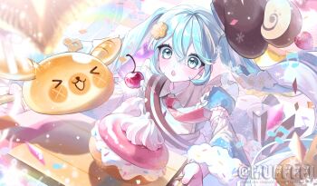 1girl apron aqua_eyes aqua_hair blue_dress blue_sleeves blush brown_hat character-themed_food cherry commentary_request dessert detached_sleeves dress food food-themed_clothes food-themed_hat_ornament frilled_apron frills fruit fur-trimmed_dress fur-trimmed_sleeves fur_trim hair_between_eyes hair_ornament hat hat_ornament hatsune_miku heart highres holding holding_tray long_hair long_sleeves looking_at_object muffie necktie official_alternate_costume official_alternate_hairstyle open_mouth pink_necktie puffy_short_sleeves puffy_sleeves rabbit_yukine short_sleeves solo tray twintails two-tone_sleeves very_long_hair vocaloid wavy_hair white_apron wide_sleeves yuki_miku yuki_miku_(2026)