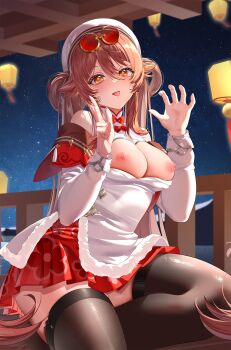 1girl :p absurdres alternate_breast_size alternate_hairstyle bare_shoulders beret black_thighhighs breasts breasts_out brown_hair chinese_clothes eyewear_on_head fellatio_gesture flower-shaped_pupils fur-trimmed_shirt fur_trim genshin_impact hair_between_eyes hair_rings hands_up hat highres hu_tao_(cherries_snow-laden)_(genshin_impact) hu_tao_(genshin_impact) kururu_(qqqqq59508750) lantern large_breasts night nipples official_alternate_costume paper_lantern red-tinted_eyewear red_eyes red_skirt round_eyewear shirt sitting skirt sky sky_lantern sunglasses symbol-shaped_pupils thick_thighs thighhighs thighs tinted_eyewear tongue tongue_out white_hat white_shirt