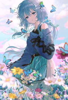 1girl \||/ apron apron_hold artist_name bare_shoulders belt black_belt blue_butterfly blue_eyes blue_hair blurry blurry_foreground bug butterfly butterfly_on_hair butterfly_on_hand cloud cross-laced_clothes cross-laced_sleeves day depth_of_field field flower flower_field fymrie green_apron hair_between_eyes hair_ornament hair_ribbon hairclip hand_up insect long_hair long_sleeves looking_at_viewer low_ponytail off-shoulder_shirt off_shoulder original outdoors parted_lips pink_flower pleated_skirt ponytail ribbon shirt skirt solo standing v-neck very_long_hair white_flower white_ribbon white_skirt yellow_flower
