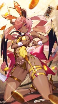 1girl animal_ear_hairband animal_ears armlet back_bow black_horns bow breasts cameltoe card character_request cluseller coin commission copyright_request dark-skinned_female dark_skin demon_tail fake_animal_ears glint gold_armlet gold_coin gold_leotard gold_panties gold_shoes hair_ornament hairband hairpin high_heels highres horns jewelry kneeling leotard long_hair panties pink_bow pink_eyes pink_hair playboy_bunny playing_card rabbit_ear_hairband rabbit_ears shoes side-tie_panties skeb_commission solo tail underwear white_wrist_cuffs wrist_cuffs