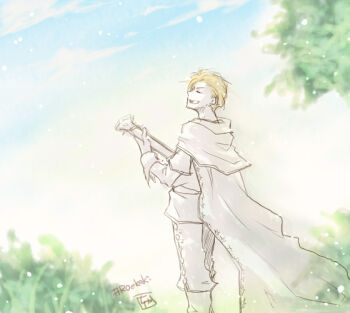 Rule 34 | 1boy, bard (ragnarok online), blonde hair, blue sky, cape, chiya (beastbeast), cloud, colored skin, commentary request, cowboy shot, gloves, guitar, holding, holding guitar, holding instrument, instrument, male focus, open mouth, outdoors, pants, ragnarok online, shirt, sky, smile, solo, tree, white cape, white gloves, white pants, white shirt, white skin