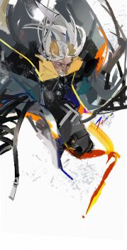 1boy arknights black_pants closed_mouth commentary_request facial_hair full_body grey_eyes head_wings hellagur_(arknights) highres jammobius long_hair looking_ahead male_focus mustache pants solo white_background white_hair wings