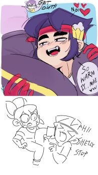 1boy 1girl annoyed between_thighs black_hair blue_background blush brawl_stars clothes english_text fang_(brawl_stars) fangs food friedeggart gloves head_between_thighs highres kicking looking_at_another open_mouth pants popcorn purple_hair purple_pants purple_shirt red_gloves red_headwear shelly_(brawl_stars) shirt thigh_grab thighs visor_cap white_background white_shirt