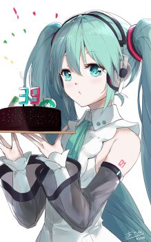 1girl 39 aqua_eyes aqua_hair aqua_nails aqua_ribbon arm_tattoo asahi_kuroi birthday_cake blush cake collarbone collared_shirt detached_sleeves food hair_between_eyes hair_ornament hatsune_miku hatsune_miku_(nt) headset highres holding holding_cake holding_food long_hair long_sleeves looking_at_viewer number_candle number_tattoo parted_lips ribbon see-through_clothes see-through_sleeves shirt simple_background sleeveless sleeveless_shirt solo tattoo twintails very_long_hair vocaloid white_background white_shirt