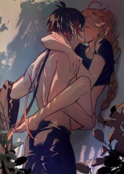 2boys aether_(genshin_impact) against_wall ahoge black_hair braid braided_ponytail closed_eyes commentary_request earrings genshin_impact gradient_hair hinata0313 implied_sex jewelry kiss long_hair multicolored_hair multiple_boys single_earring yaoi zhongli_(genshin_impact)