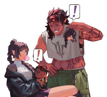 ! 2girls alternate_costume arm_tattoo armpit_hair baldur's_gate baldur's_gate_3 black_hair black_jacket broken_horn character_doll chewing_gum closed_eyes colored_skin commentary contemporary cropped_shirt cymk_8 demon_girl demon_horns doll dungeons_&amp;_dragons english_commentary eyeshadow green_eyes green_pants grin hand_on_own_hip highres holding holding_doll horns jacket karlach long_hair makeup medium_hair multiple_girls navel_hair pants pointy_ears red_skin scar scar_on_face scar_on_nose shadowheart_(baldur's_gate) simple_background sitting smile spoken_exclamation_mark stomach_tattoo tattoo tiefling white_background