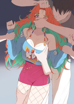 1boy 1girl absurdres breasts cheseu cleavage covering_another's_mouth cropped_sweater earrings feather_earrings feathers fishnets gagged grabbing_another's_breast grabbing_another's_hair grabbing_from_behind groping hand_gagged hand_over_another's_mouth hetero highres holding_another's_hair hololive hololive_english hoop_earrings huge_filesize imminent_rape jewelry large_breasts miniskirt molestation multiple_boys off-shoulder_sweater off_shoulder official_alternate_costume official_alternate_hairstyle one_eye_closed orange_hair paid_reward_available purple_eyes rape restrained simple_background skirt solo_focus sweater takanashi_kiara takanashi_kiara_(fever_night) virtual_youtuber