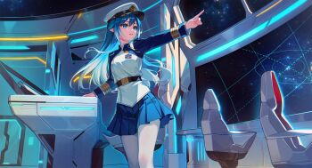 1girl belt black_belt blue_eyes blue_hair blue_skirt commentary commission english_commentary highres hyanna-natsu index_finger_raised long_hair military_uniform original parted_lips pointing pointing_to_the_side pointy_ears skirt sky solo space spacecraft star_(sky) starry_sky window