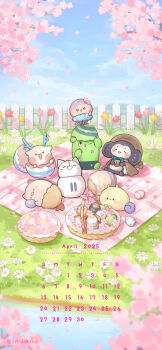 >_< 2025 :d absurdres antlers basket blue_sky blurry bukucha_(iriam) calendar_(medium) commentary_request copyright_notice daisy_(flower) depth_of_field easter_egg egg eggshell fence flower grass highres horns hoshiika_(iriam) iriam monkey nekocoro_(iriam) no_humans official_art open_mouth picnic_blanket pink_flower red_flower sabobon_(iriam) shirasu_(iriam) shrimp_tail sky smile tsumumaru_(iriam) white_flower yellow_flower yuramii_(iriam)