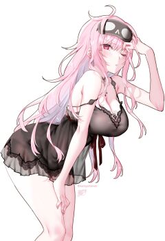 1girl absurdres bare_shoulders bent_over black_choker black_nightgown blush breasts choker cleavage commentary english_commentary hand_on_own_thigh hand_to_forehead highres hololive hololive_english kamiya_maneki lace-trimmed_nightgown large_breasts leaning_forward long_hair looking_at_viewer mask mask_on_head messy_hair mori_calliope mori_calliope_(sleepwear) nightgown official_alternate_costume one_eye_closed pink_hair red_eyes simple_background skull_choker skull_collar sleep_mask sleepwear solo strap_slip thighs virtual_youtuber white_background