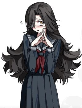 1girl black_hair blush eyepatch flying_sweatdrops long_hair long_sleeves looking_at_viewer medical_eyepatch messy_hair neckerchief ningiyau open_mouth original own_hands_together parted_bangs pleated_skirt school_uniform serafuku skirt solo sweat yellow_eyes