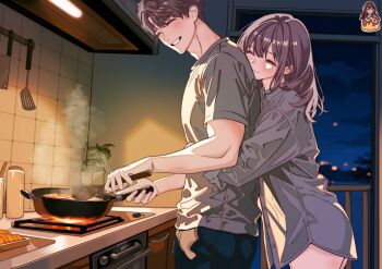 1boy 1girl blue_pants brown_hair caleb_(love_and_deepspace) closed_eyes closed_mouth collared_shirt cooking couple grey_shirt hair_between_eyes hetero highres holding holding_spatula hug hug_from_behind kitchen long_hair love_and_deepspace night no_pants pants parted_lips protagonist_(love_and_deepspace) shirt short_hair smile spatula tako_drawing teeth tile_wall tiles upper_body