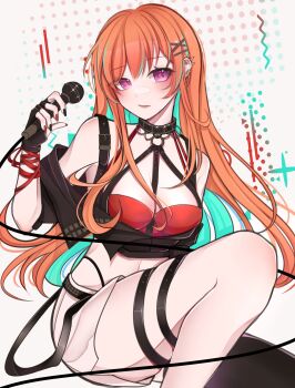 1girl absurdres alternate_costume bandeau black_choker black_gloves black_nails breasts chest_harness choker choppy_bangs closed_mouth colored_inner_hair commentary ear_piercing fingerless_gloves fingernails gloves hair_ornament harness highres holding holding_microphone hololive hololive_english jacket jacket_partially_removed long_hair looking_at_viewer medium_breasts microphone multicolored_hair multicolored_nails nail_polish orange_hair piercing pink_eyes red_bandeau red_jacket red_nails rosheil solo takanashi_kiara virtual_youtuber white_background x_hair_ornament