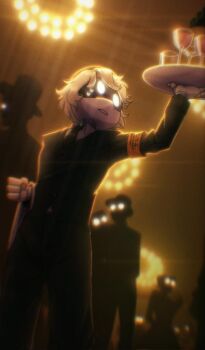 Rule 34 | 1boy, champagne glass, formal clothes, glitch productions, hat, murder drones, n (murder drones), no humans, robot, sweatdrop, tray