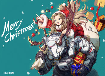 1boy 1girl :3 :d antlers aqua_background aqua_eyes blonde_hair carrying christmas commentary diana_(pragmata) dress english_commentary hat highres holding horns hugh_williams merry_christmas official_art open_mouth piggyback pointing pragmata red_dress reindeer_antlers santa_costume santa_dress santa_hat smile