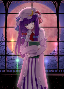 1girl :o blue_bow blunt_bangs book bow commentary crescent crescent_hat_ornament dress frilled_hat frills full_moon hair_bow hat hat_ornament head_tilt highres holding holding_book huge_moon hugging_book hugging_object indoors kulukulu3333 long_hair long_sleeves looking_at_viewer mob_cap moon neck_ribbon patchouli_knowledge pink_robe purple_hair red_bow red_ribbon ribbon robe sidelocks solo straight_hair striped_clothes striped_dress touhou two-tone_dress vertical-striped_clothes vertical-striped_dress very_long_hair white_hat window