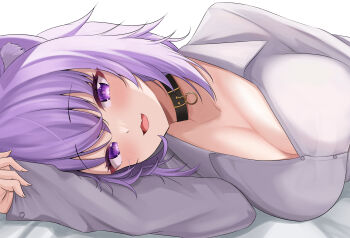 1girl absurdres animal_ear_fluff animal_ears black_collar blush breasts cat_ears cat_girl cleavage collar commentary_request fang grey_shirt highres hololive large_breasts long_sleeves looking_at_viewer lying medium_hair nekomata_okayu on_bed on_side open_mouth pov_across_bed purple_eyes purple_hair ramkilog shirt short_hair skin_fang smile solo upper_body virtual_youtuber