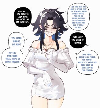 Rule 34 | 1girl, black hair, bloodlight (nyantcha), blue eyes, breasts, cleavage, commentary, curtained hair, dress, english commentary, english text, genderswap, genderswap (mtf), highres, lazarus (nyantcha), long hair, medium hair, messy hair, nyantcha, original, petite, pointy ears, scar, sidelocks, simple background, small breasts, solo, speech bubble, spiked hair, white background, white dress