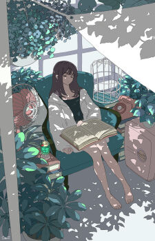 1girl antique_phone barefoot birdcage book brown_hair cage highres hood hooded_jacket jacket long_hair minifridge open_book original patio phone rotary_phone scenery seraphitalg sleeping stack summer