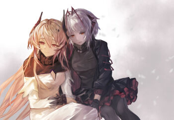 Rule 34 | 2girls, arknights, black dress, black horns, black jacket, black pantyhose, black shirt, brown hair, closed mouth, commentary, dress, english commentary, heads together, highres, horns, jacket, light smile, long hair, long sleeves, looking down, looking to the side, multiple girls, nizyfc7x, orange eyes, pantyhose, pink eyes, shirt, short hair, theresa (arknights), turning head, turtleneck, turtleneck dress, w (arknights), white dress, white hair