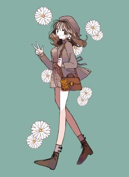 Rule 34 | 1girl, animal charm, bag, bag charm, beret, blush, bow, bow legwear, breasts, brown eyes, brown hair, brown jacket, brown shoes, charm (object), dandelion, earrings, flower, from side, full body, green background, hat, highres, jacket, jewelry, long legs, miniskirt, original, plaid clothes, plaid skirt, shoes, shoulder bag, simple background, skirt, smile, solo, sweater, turtleneck, turtleneck sweater, v, walking, yasu urayaka